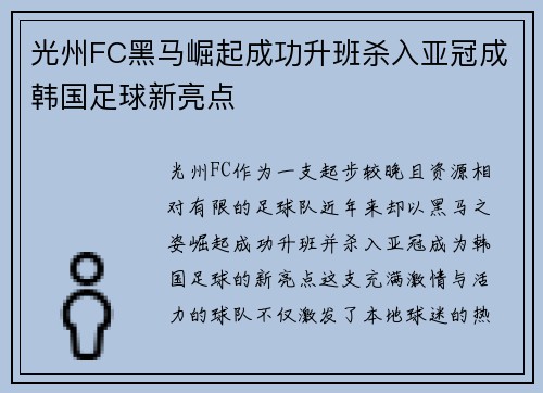 光州FC黑马崛起成功升班杀入亚冠成韩国足球新亮点